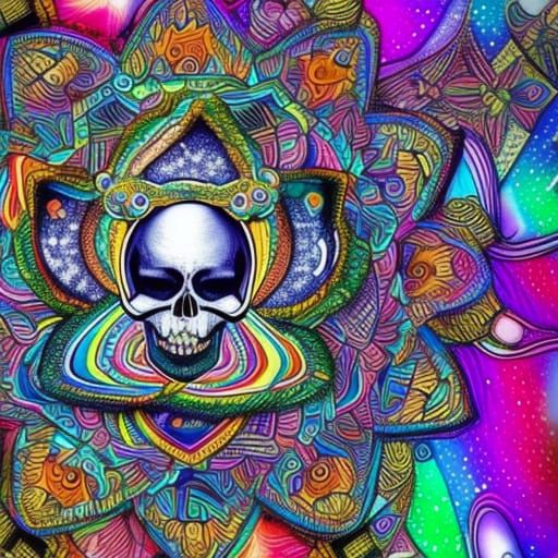 Skull with a big 🐚 horn; rainbow zentangle styled; photorea...