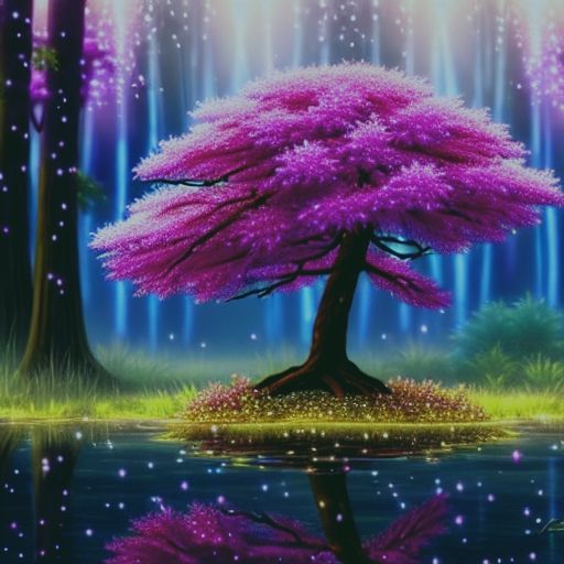 Dreamcore blossom-tree island in forest