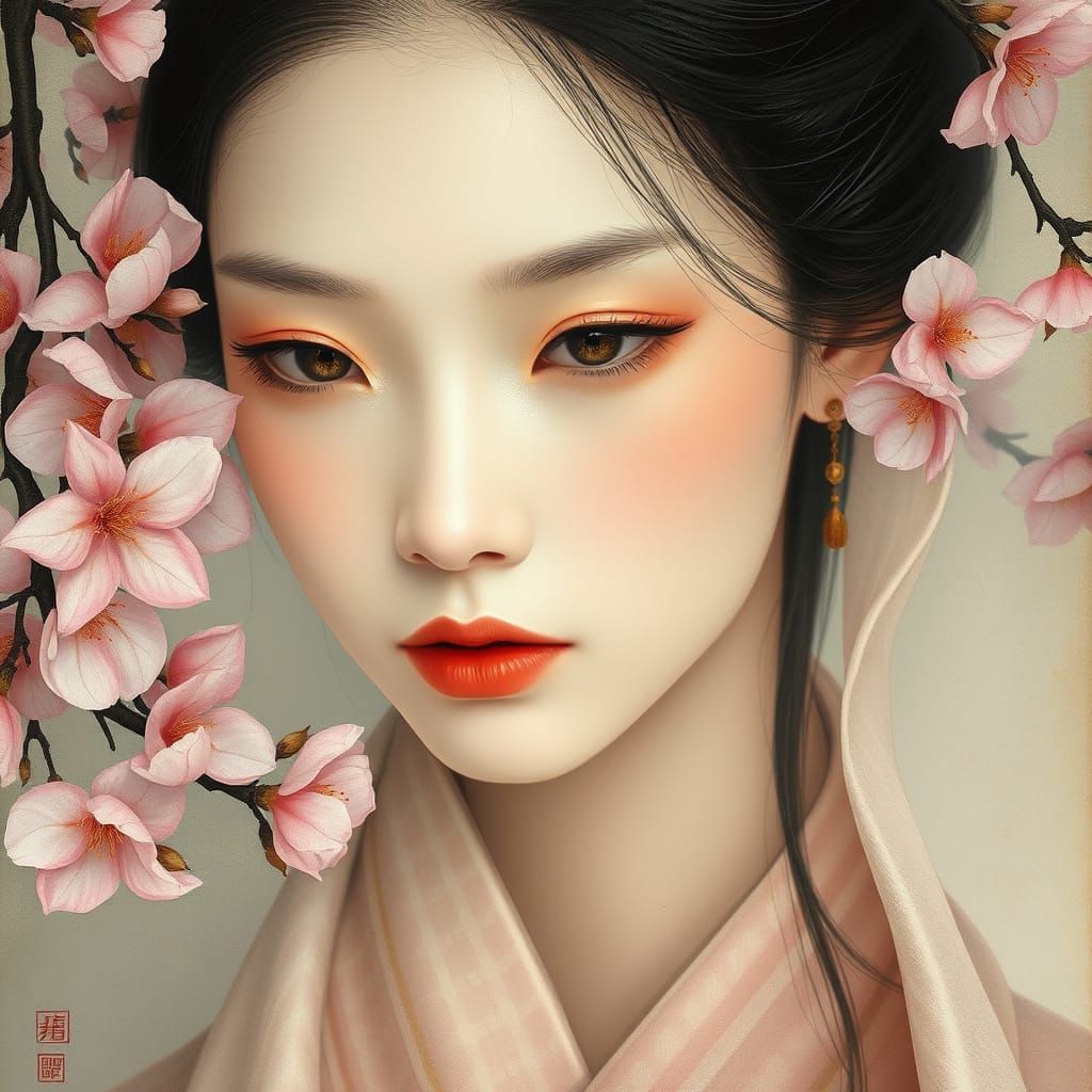 Ethereal Woman with Cherry Blossoms in Asian Surrealism
