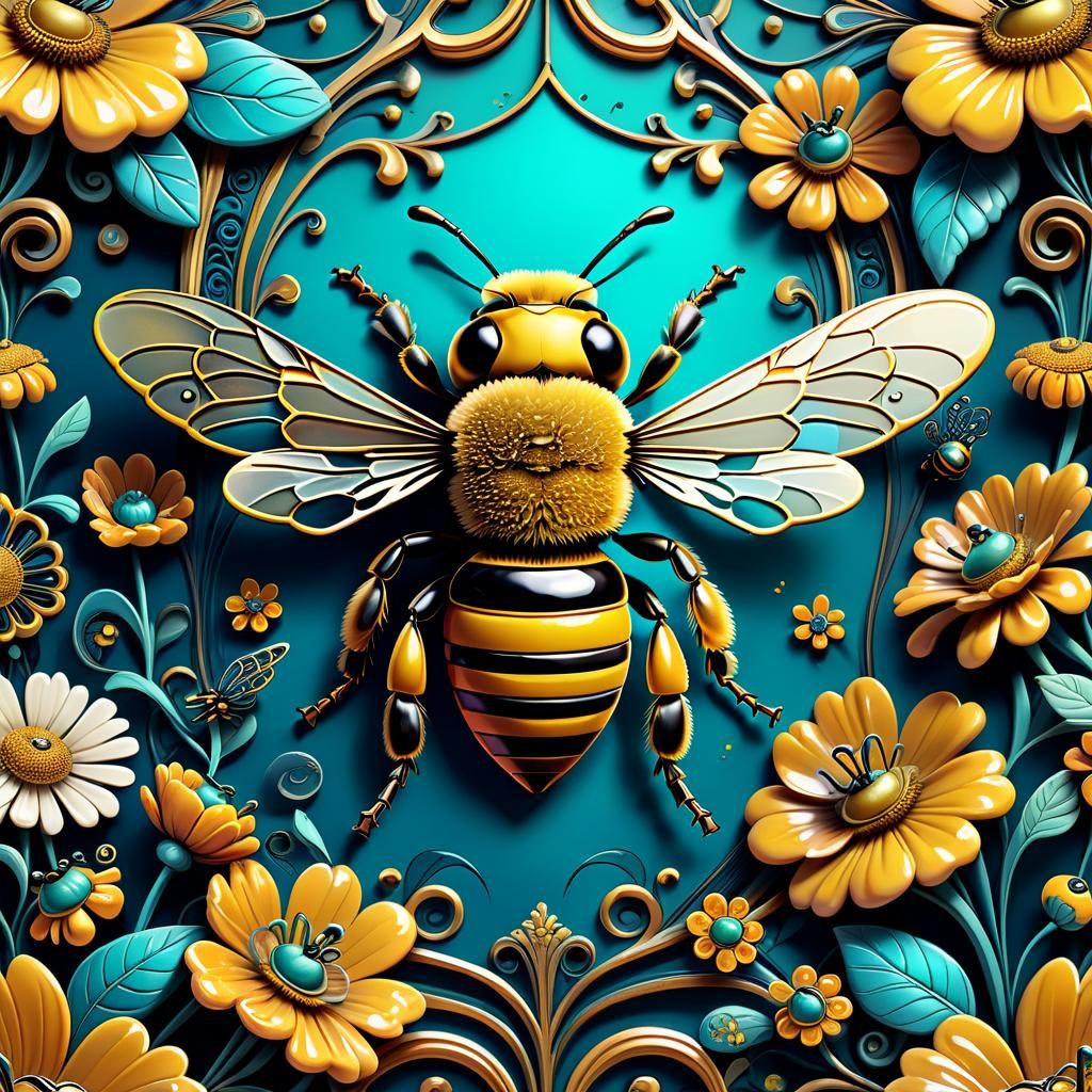 A sweet honey bee, designed in a whimsical, surrealistic sty...