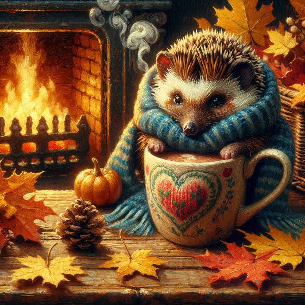 A cozy scene of a hedgehog wearing a tiny knitted scarf, nestled in a pile of autumn leaves beside a ...  by @Luna