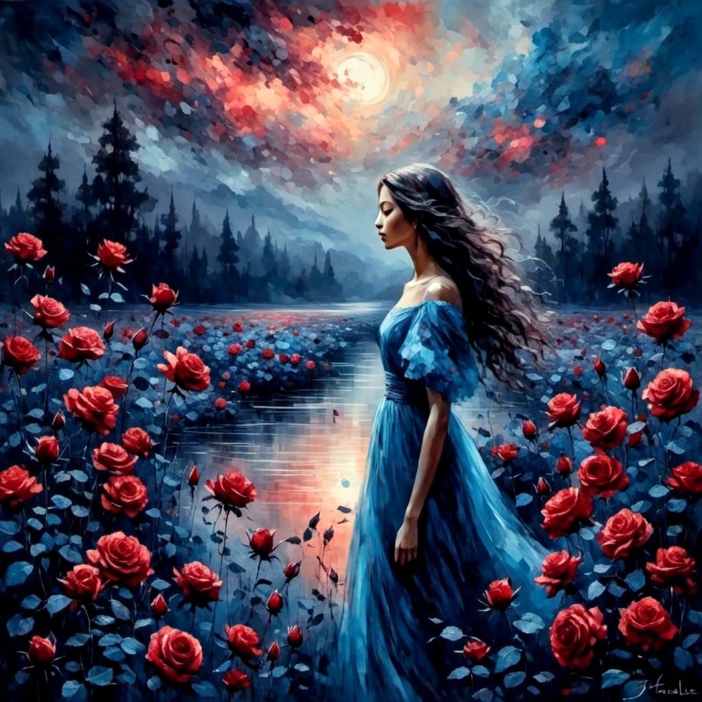 Glowing Blue Rose Field with Red River