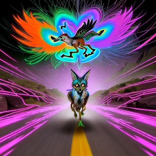 Tangled Trail: Wile E., sporting psychedelic goggles and a swirling fur coat, chases the Roadrunner's trail, leaving behind a dizzying blur...