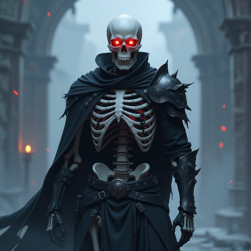 Full body imagine: A living skeleton with structural body that’s reinforced, with red eyes and black armor sporadically covering its body, w...