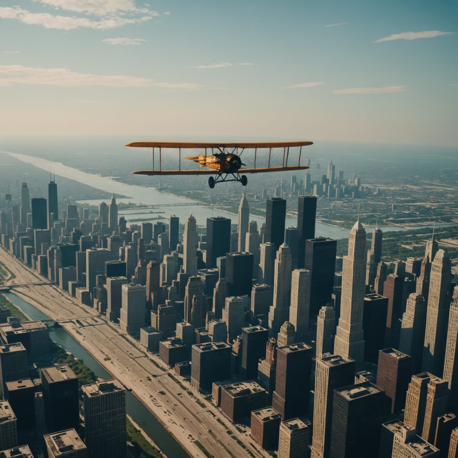 Wright brothers aeroplane flying over the Chicago 