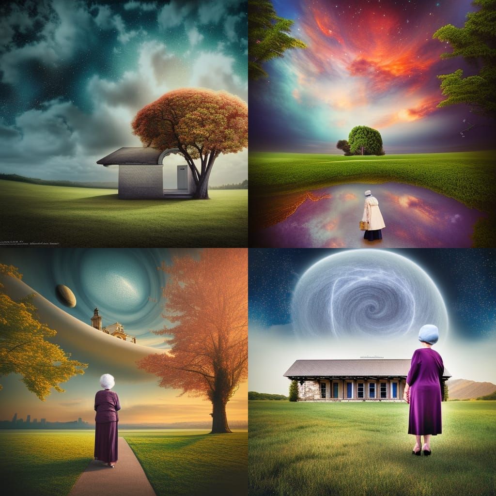 "elderly lady" in a beautiful surreal building, luxury photo...