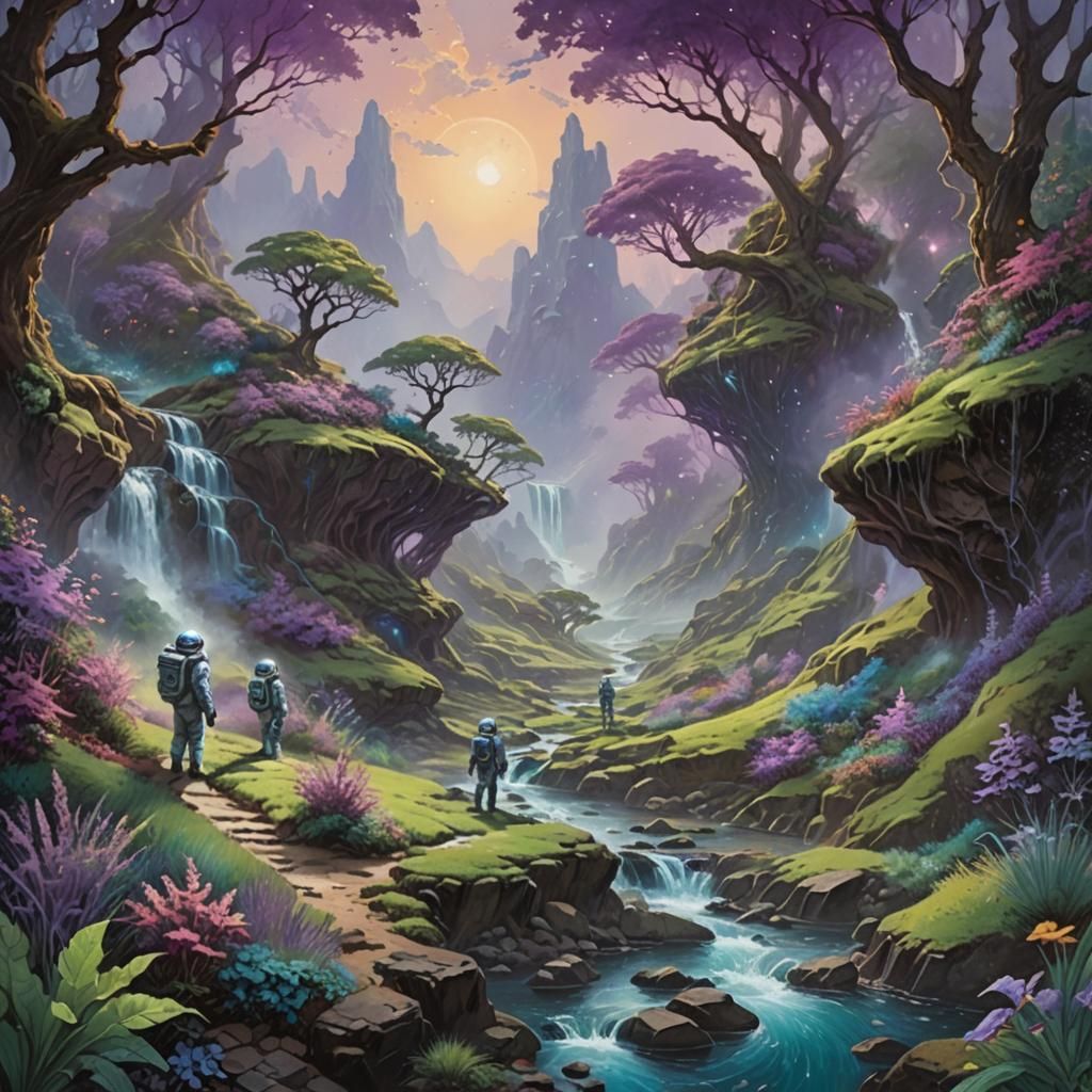 Men in space suits exploring an alien landscape with purple ...