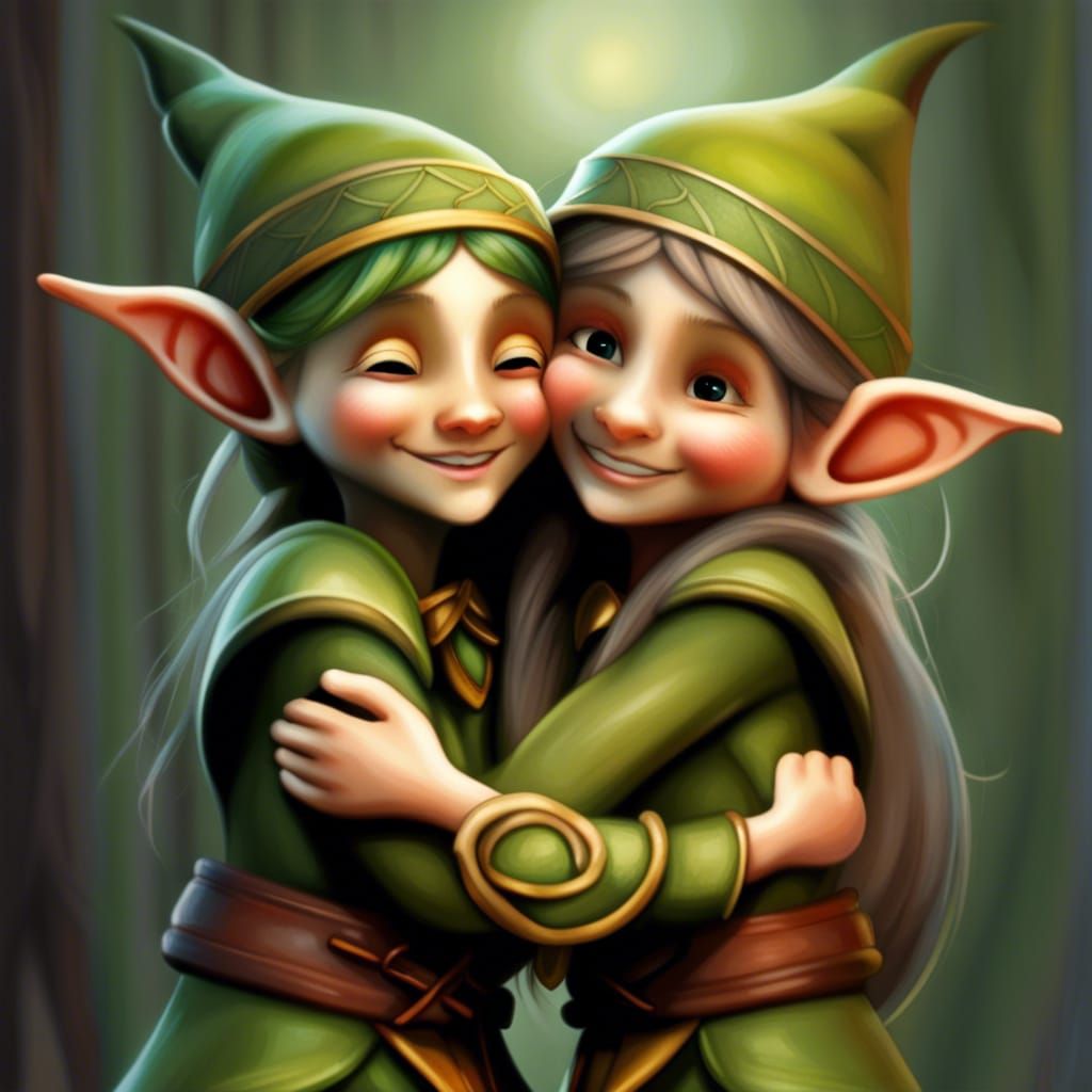 a joyful hug shared by two small elves reuniting, radiates l...