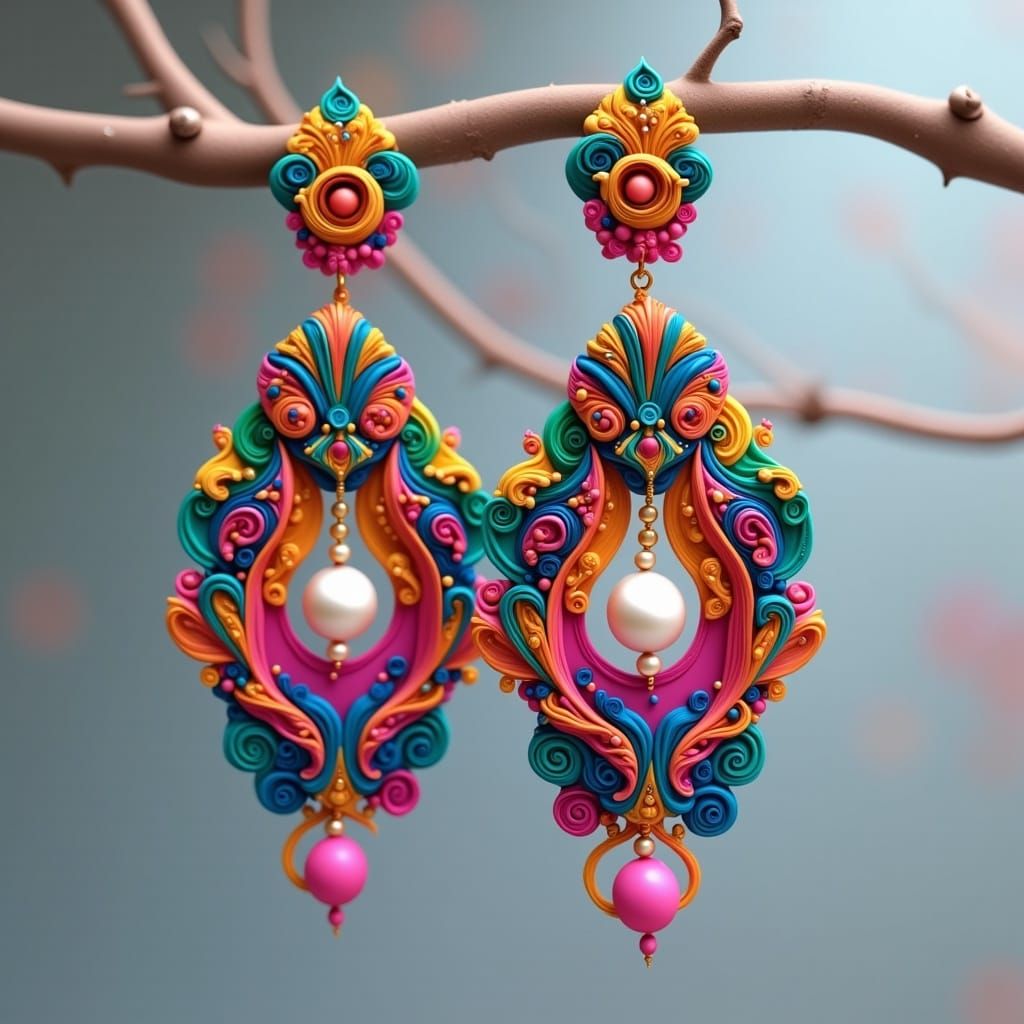 <lora:Making Jewelry:1.0> Intricately crafted polymer clay earrings adorned with vibrant, bright colored beads, luminous pearls, and sparkli...