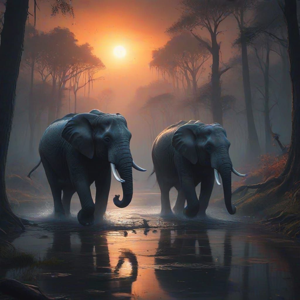 Dark and strange but colorful, a desolate and empty forest with a scary lake of water on the side... Two scary elephants run to the lake and...