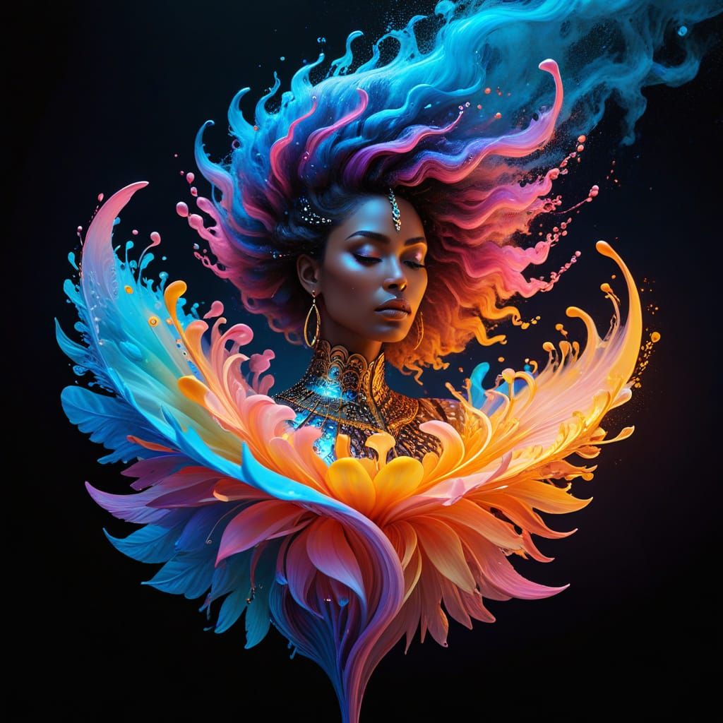 An abstract representation of a perfect Indian-African female figure, depicted in flowing, undulating forms that suggest ornate armor, embod...