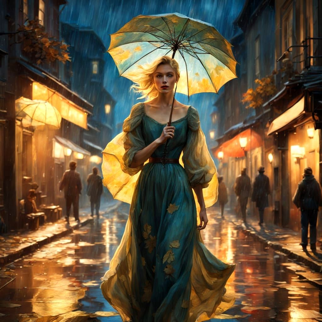 Blonde Girl Fights Autumn Storm in a Village Street (Vincent...