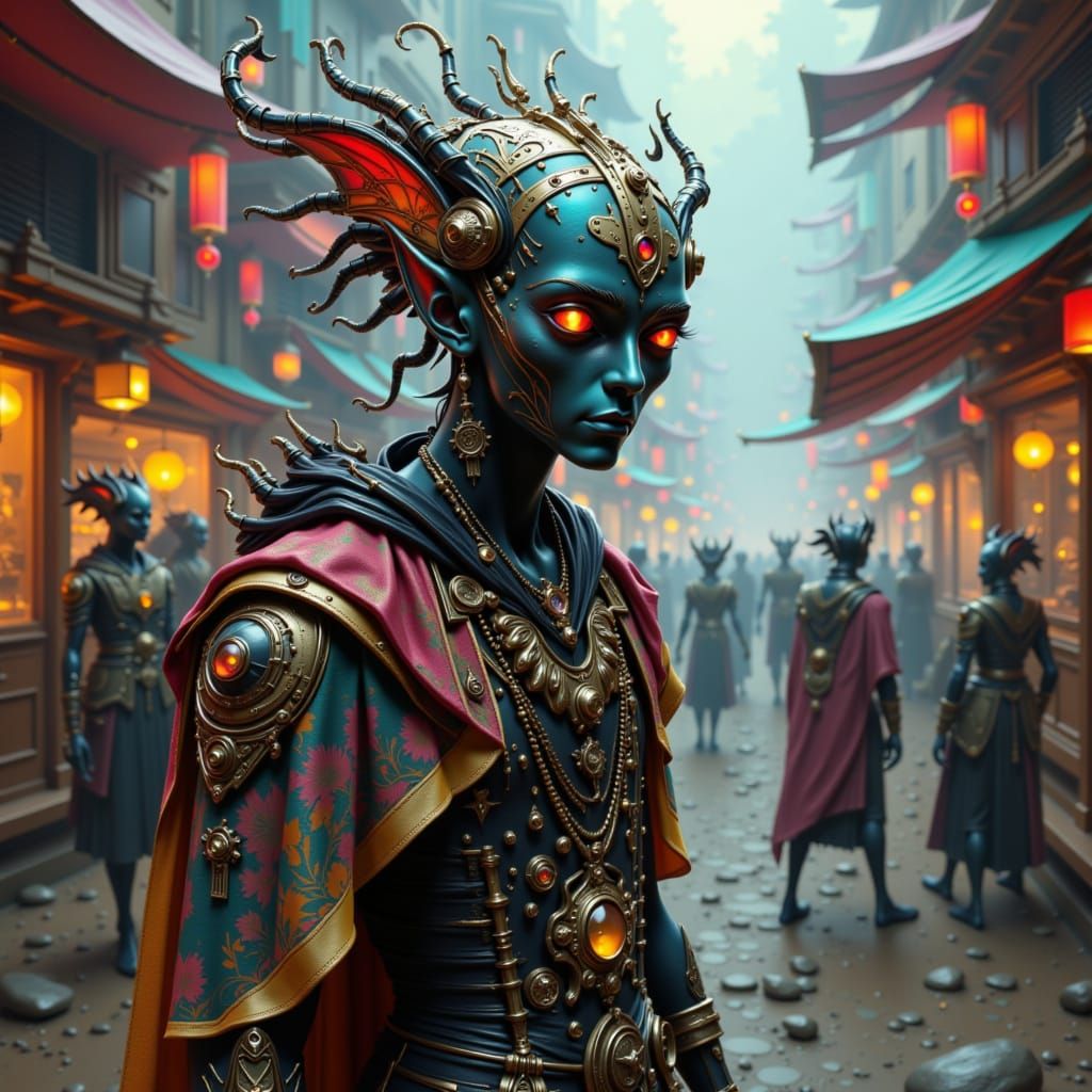 Illustration. An alien merchant, resembling a crystalline structure with multiple glowing eyes, displays peculiar, clockwork-like gadgets at...