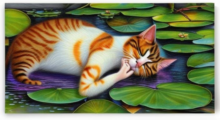 cute cat sleeping on lotus leaf floating on water, Lily Seik...