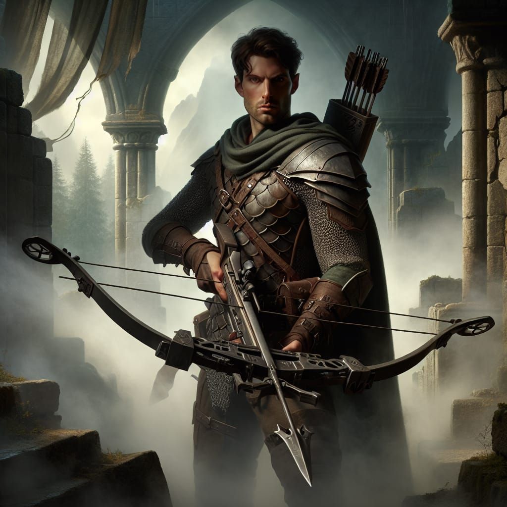 A DnD-style image of a human male fighter standing in a fog-shrouded ruin within a fantasy landscape. He grips a heavy crossbow, aiming it a...