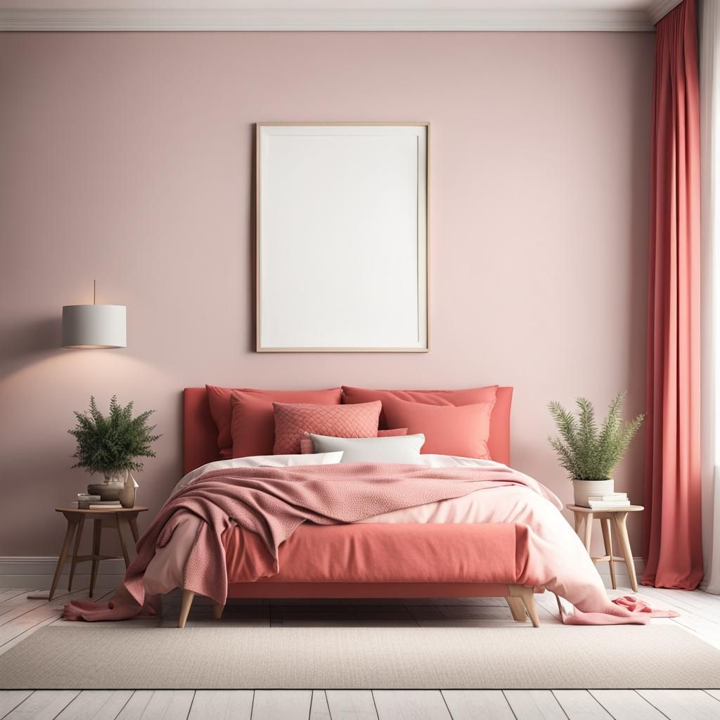 BLANK CANVAS MOCKUP, BEDROOM, LIGHT RED ACCENT DECOR AI Generated