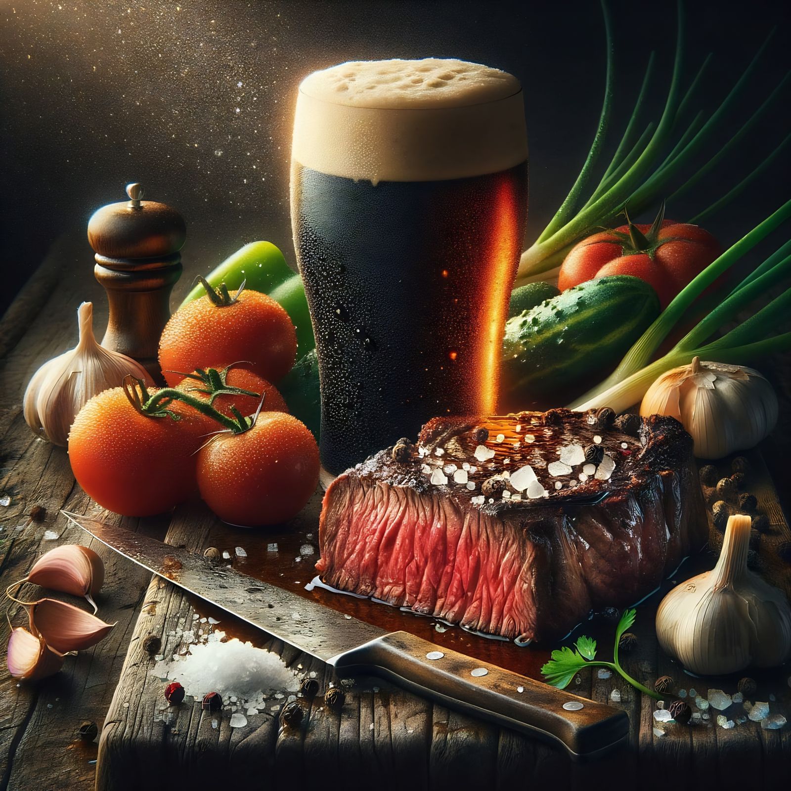 Photorealistic still life masterpiece. Centered on a rough, weathered wooden cutting board: a thick, ...  by @MyxaZlaya