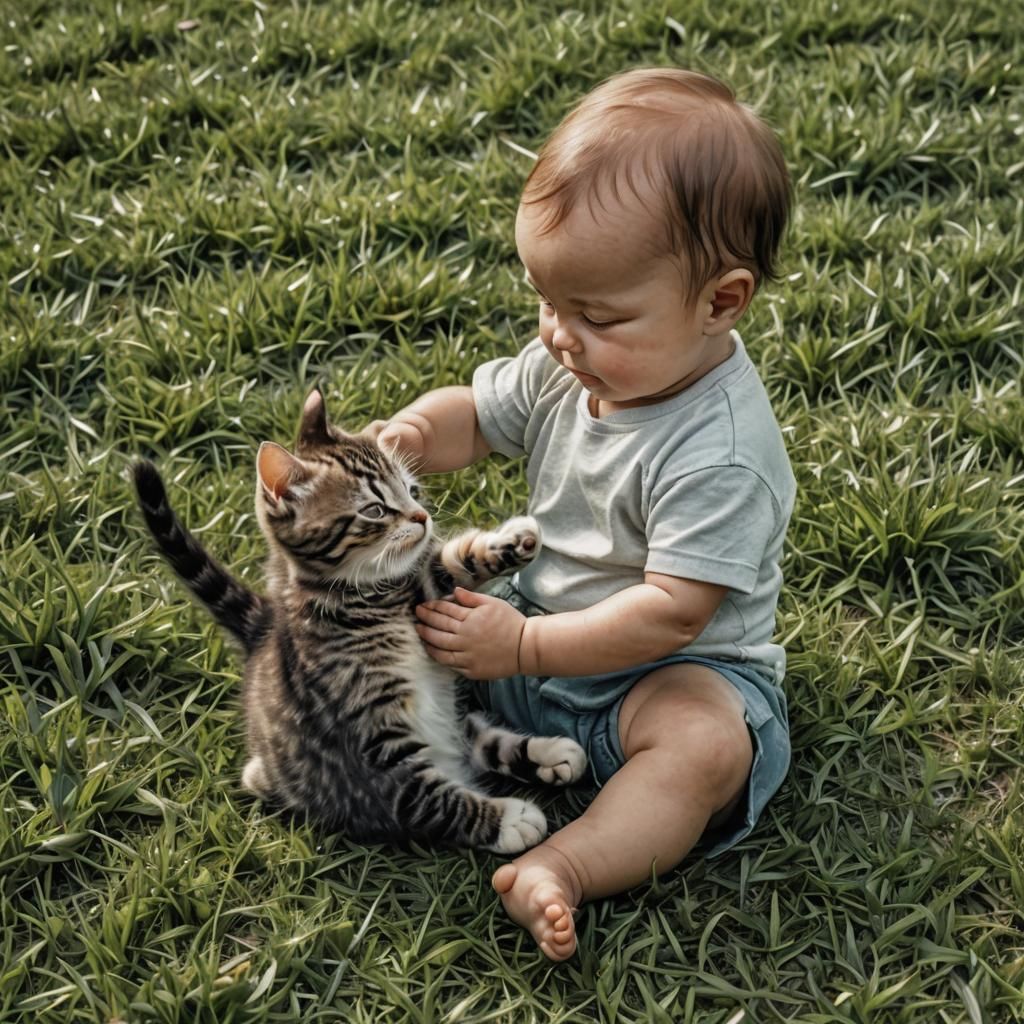 A cute human baby and a cute kitten playing together on the ...