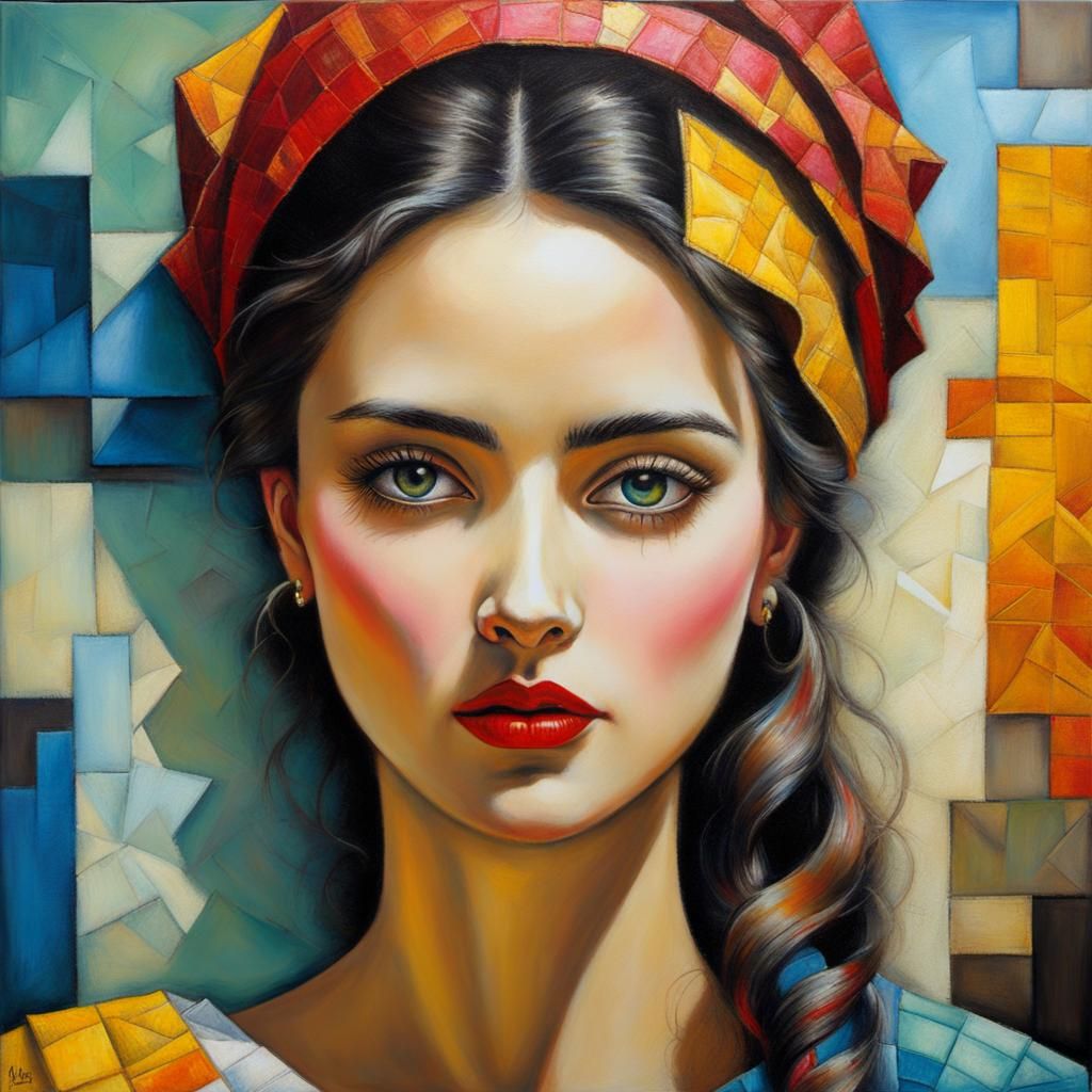 portrait, painter woman, Art Nuevo, detailed, oil pastels, Pino Daeni, surrealism, Yves Tanguy, Batik, ...  by @Diane