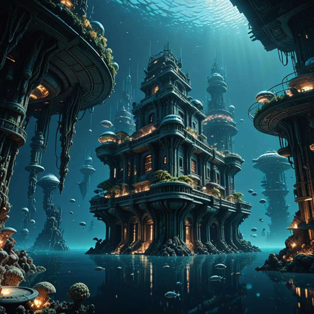 "Hyper-realistic 3D render of a sunken utopian city in the deep ocean. Gleaming, futuristic architecture combined with ancient aesthetics, i...