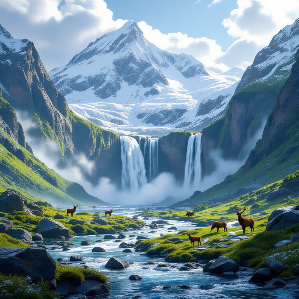 Majestic Mountain Waterfall Landscape in Photorealistic Styl...