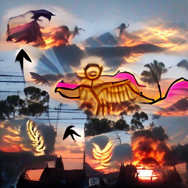 multiple winged biblical deity soars across a melancholic su...