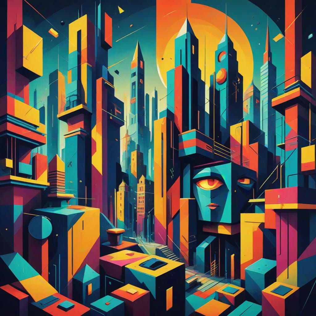 Angular Futuristic Cityscape in Geometric Fauvist Style