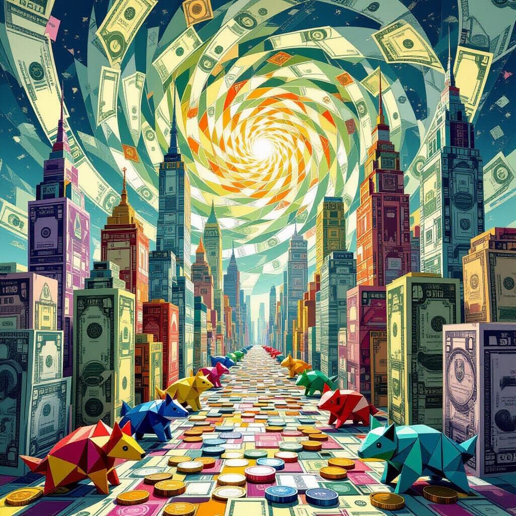 A vibrant, abstract cityscape composed entirely of folded origami animals made from colorful currency bills. Skyscrapers are formed from sta...