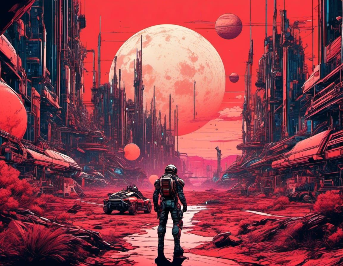 <lora:Gutterball:1.0>    Ink Linework Ornament Colored planetside scene of a cyber andscape with a glowing red moon, cyberpunk landscape sce...