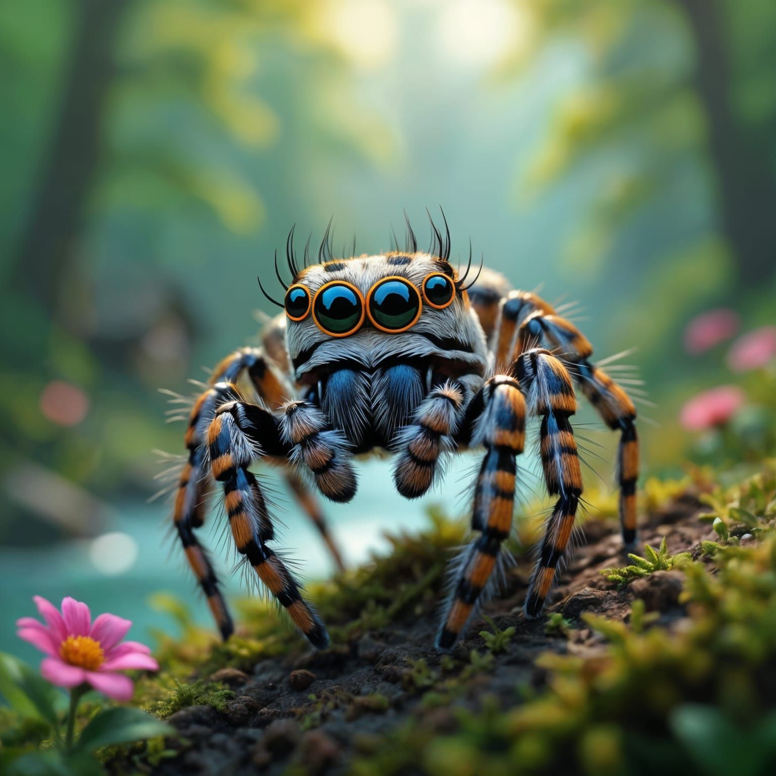 Adorable Chibi Jumping Spider Portrait in Vibrant Forest