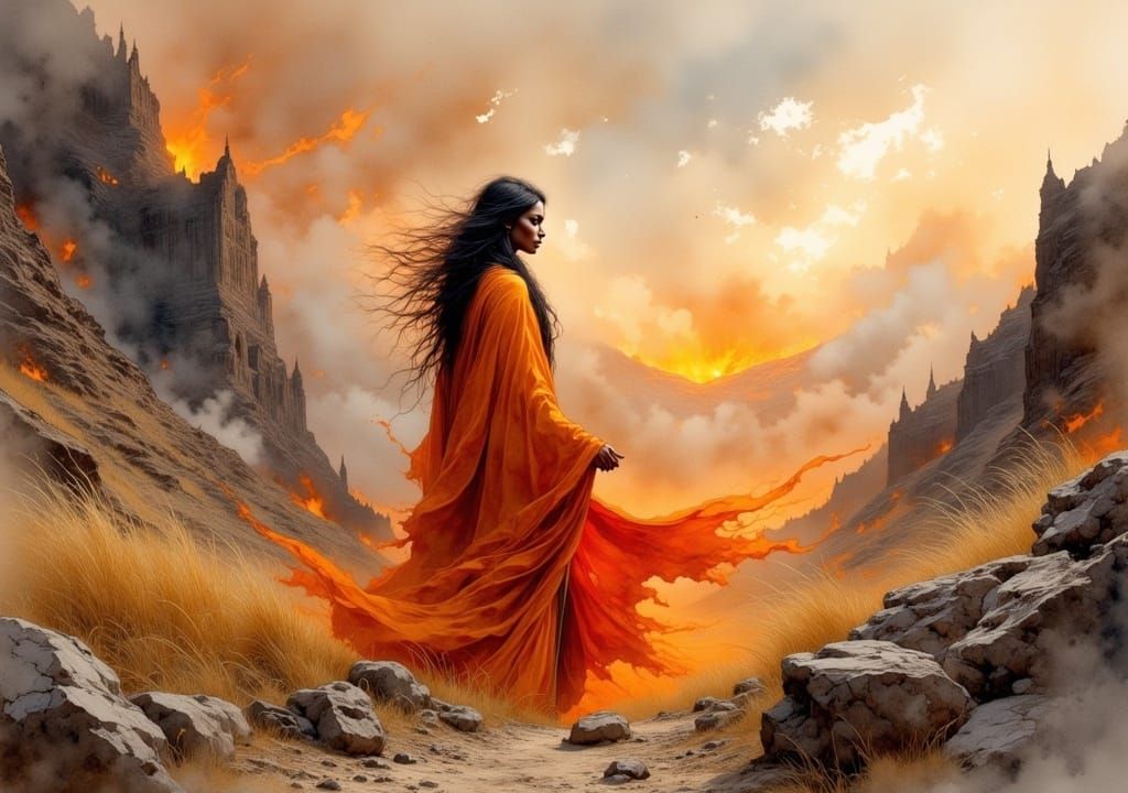 Female Ethiopian mage in orange robe channelling, volcanic landscape, atmospheric, by Zina Saunders, by Terese Nielsen, by Gary Leach, by Je...