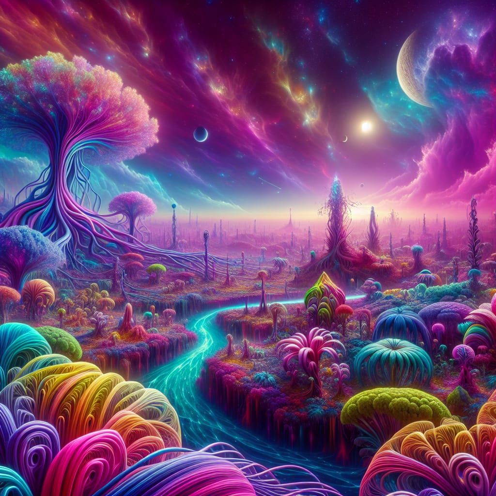 alien world full of psychedelic lit up colors, exotic alien ...