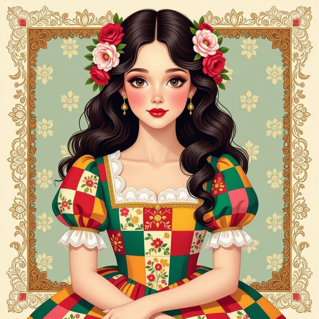 Whimsical Woman in Quilt Dress with Flower Hair