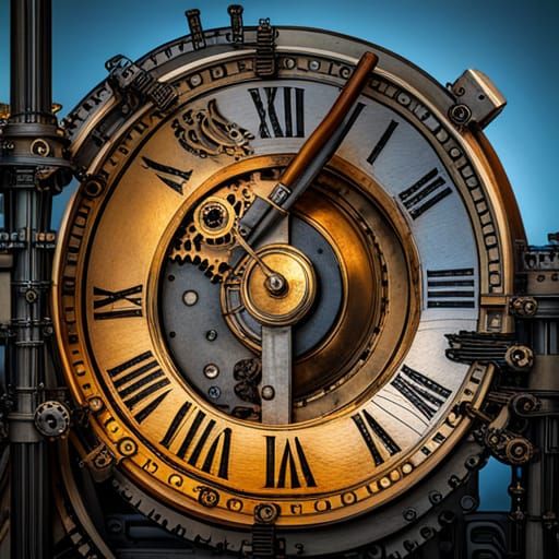 An antique clock dial with a double pair of hands indicating...