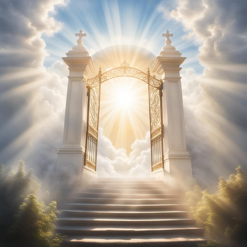 detailed heavenly gates, stairs, mist, heavenly sunshine beams divine ...