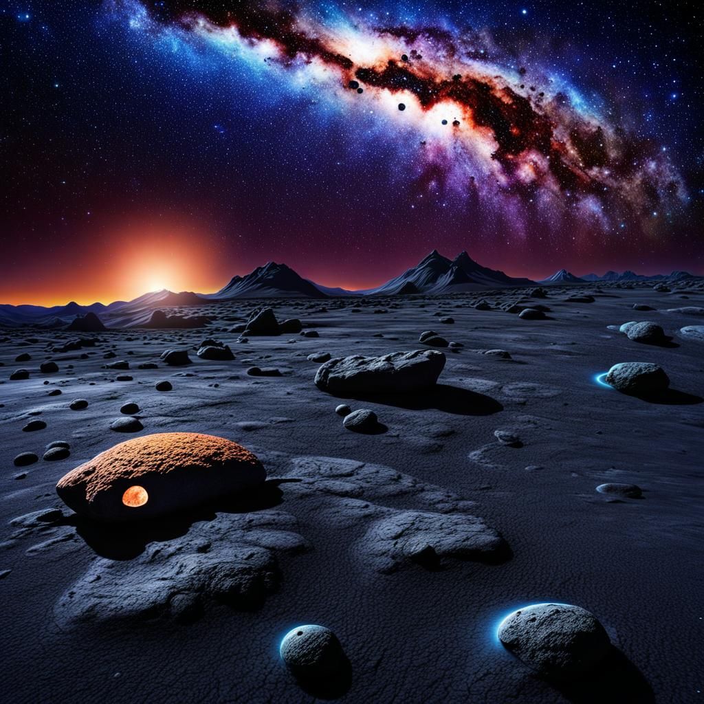 Photograph, prehistoric mouse on the earth surface, starry n...