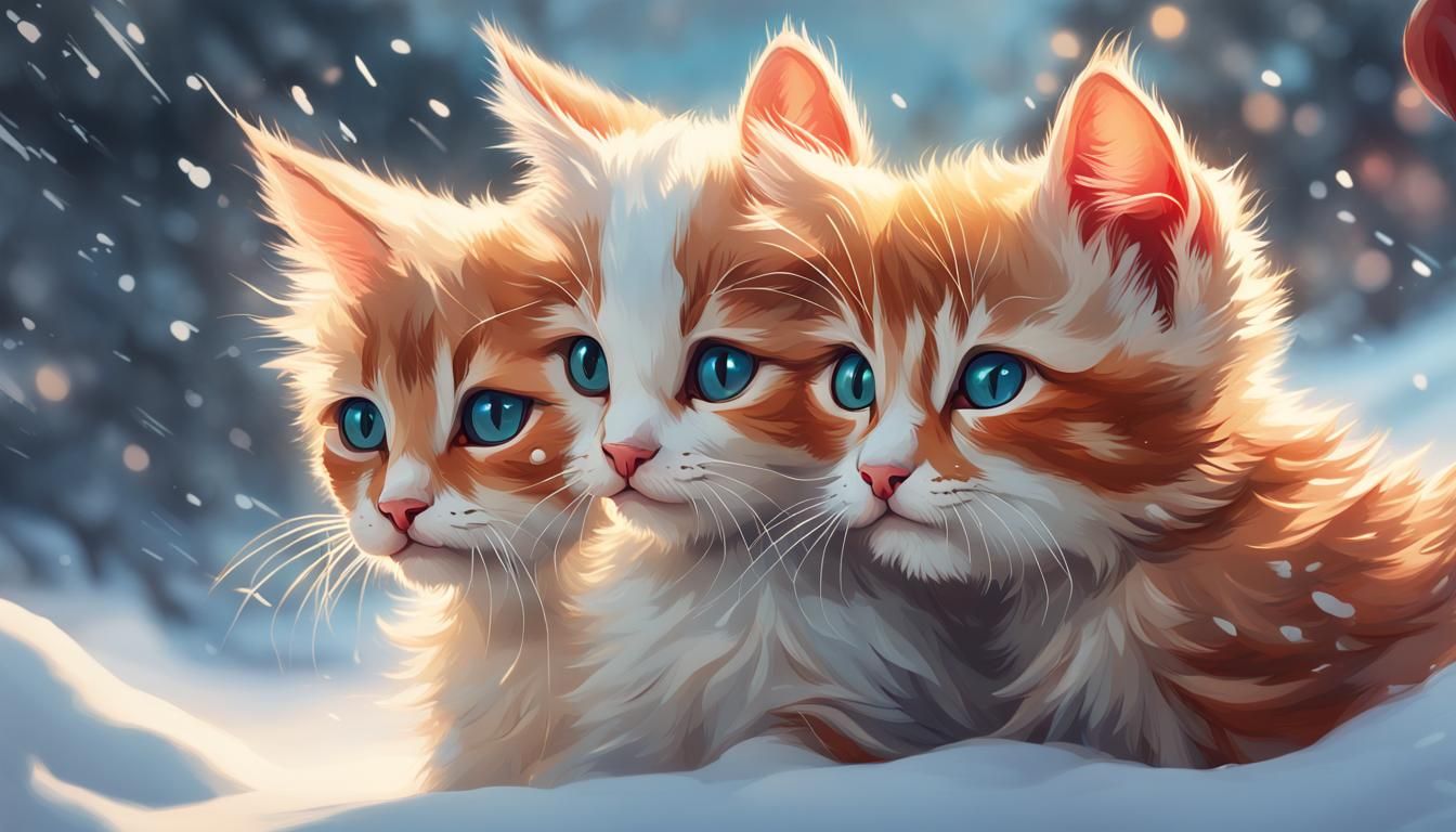 Kittens playing in the snow on Christmas day