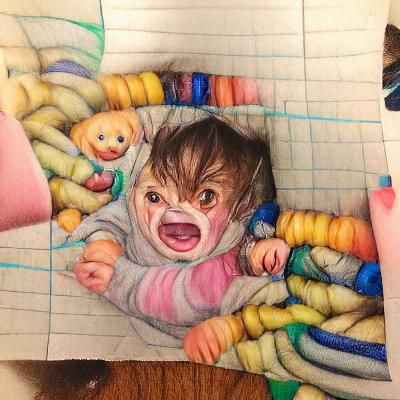 Color pencil drawing of a terrified baby surrounded by chaos