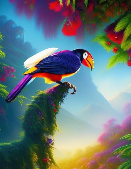 The scene is: fantasy realism of a close-up of one Toucan Sam with an ...