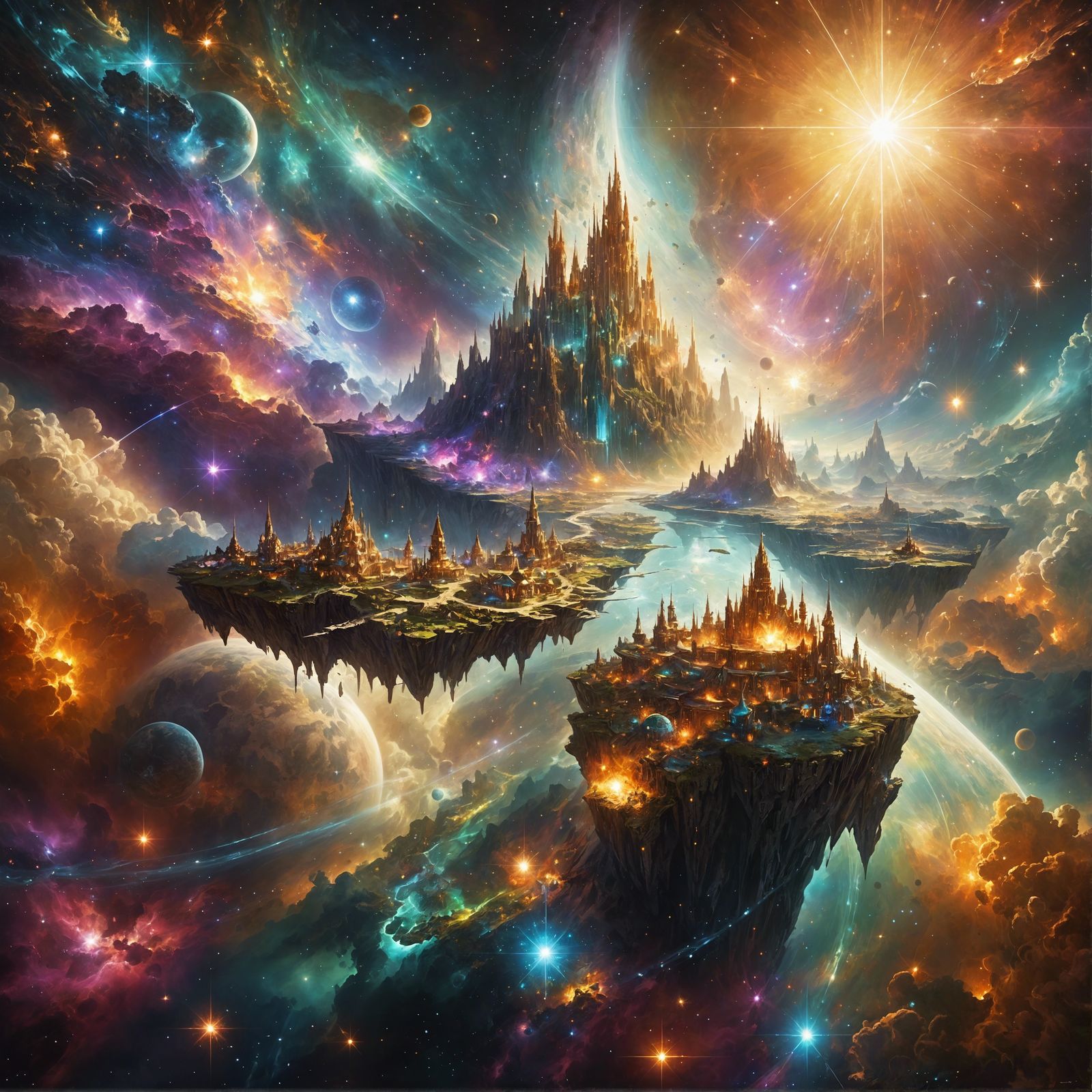 Cosmic Islands and Divine Beings in Hyperrealistic Style