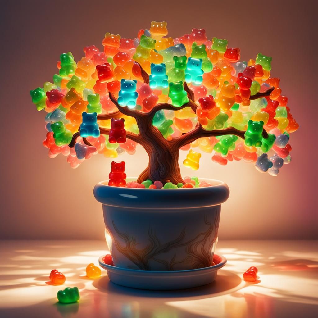 Jelly Tree sprouting gummy bears from its branches nestled in a ceramic plant pot,  illuminated by global ...  by @undefined