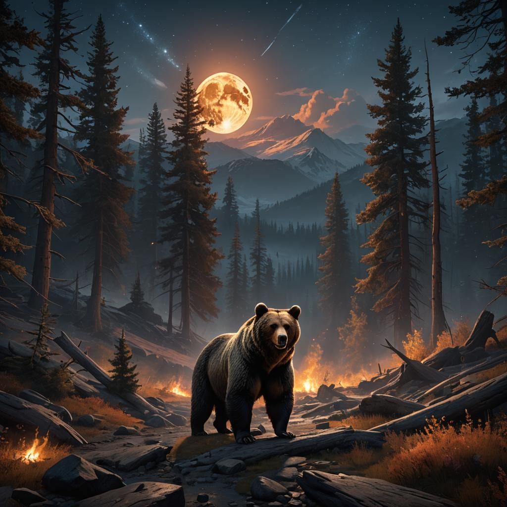 A big grizzly bear his fur looks like Fire.   wilderness landscape. Dark scary night. Big full moon with stars