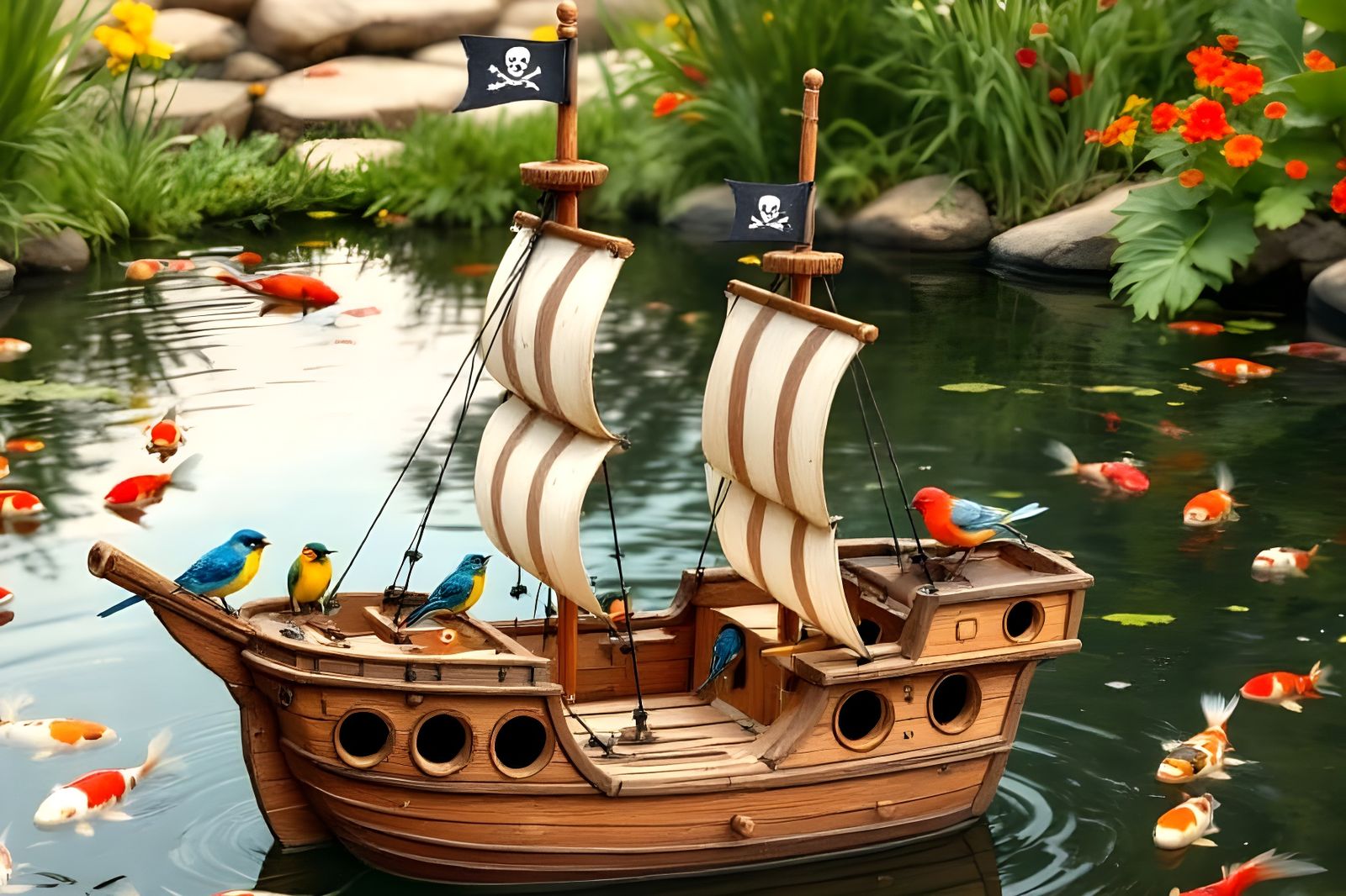 Pirate Ship Birdhouse in Koi Pond  by @Gary Murakami