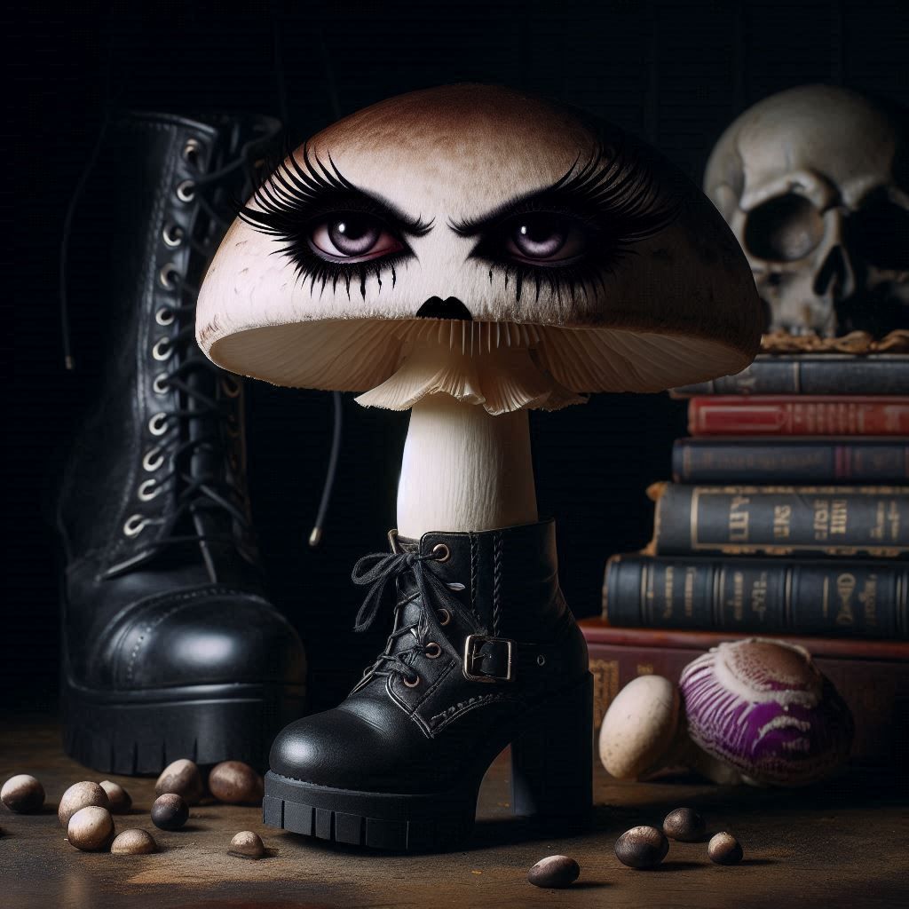 GOTHIC Crazy Mushroom, the pretty Crazy Mushroom with black eyeliner, platform boots and suspiciously moody lighting.