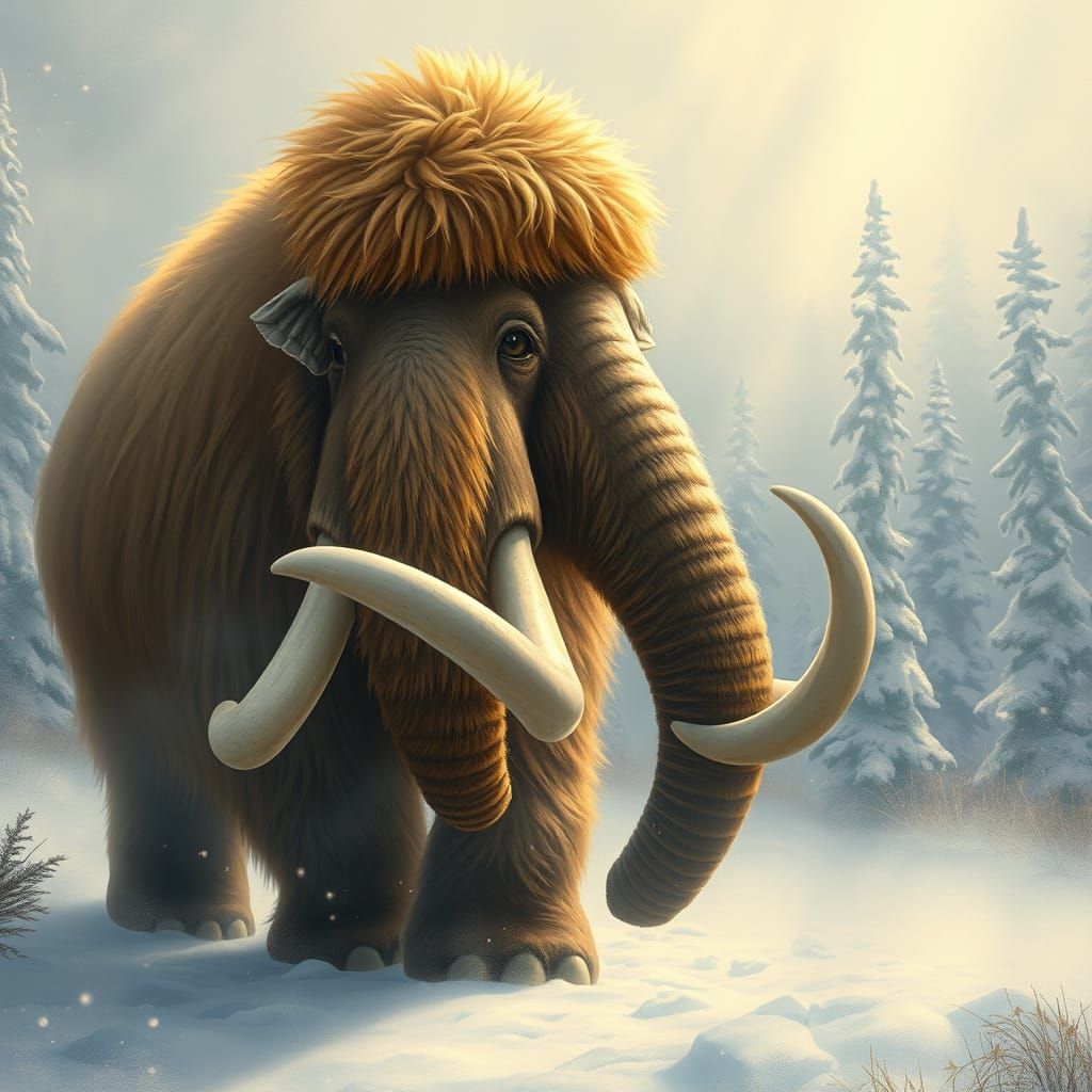 a wooly mammoth in snow...mostly