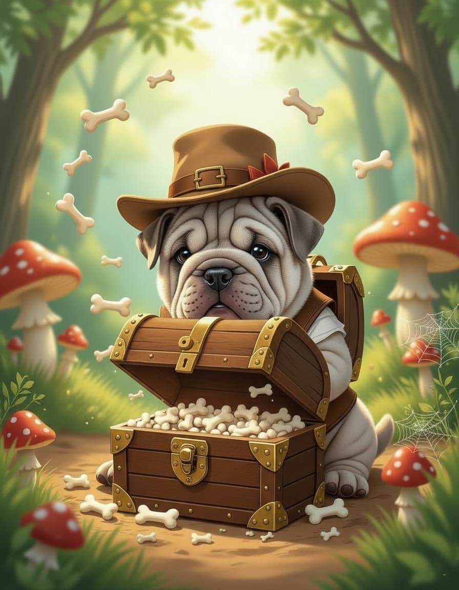 A whimsical, anthropomorphic silver gray shar pei wearing a tiny explorer's hat carefully opens a miniature, ornate treasure chest filled wi...