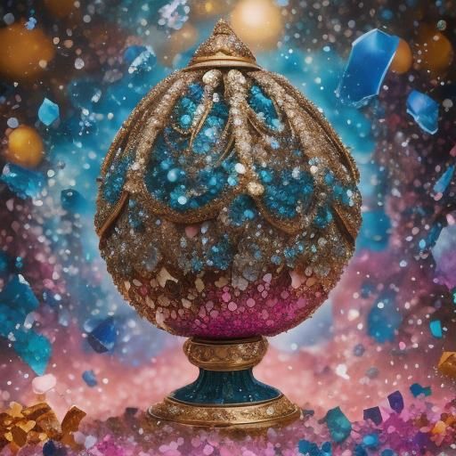 <lora:Glitter-Gala DSv8:1.0>Faberge Egg, bling, graffiti art, splash art, street art, spray paint, oil gouache melting, acrylic, high contra...