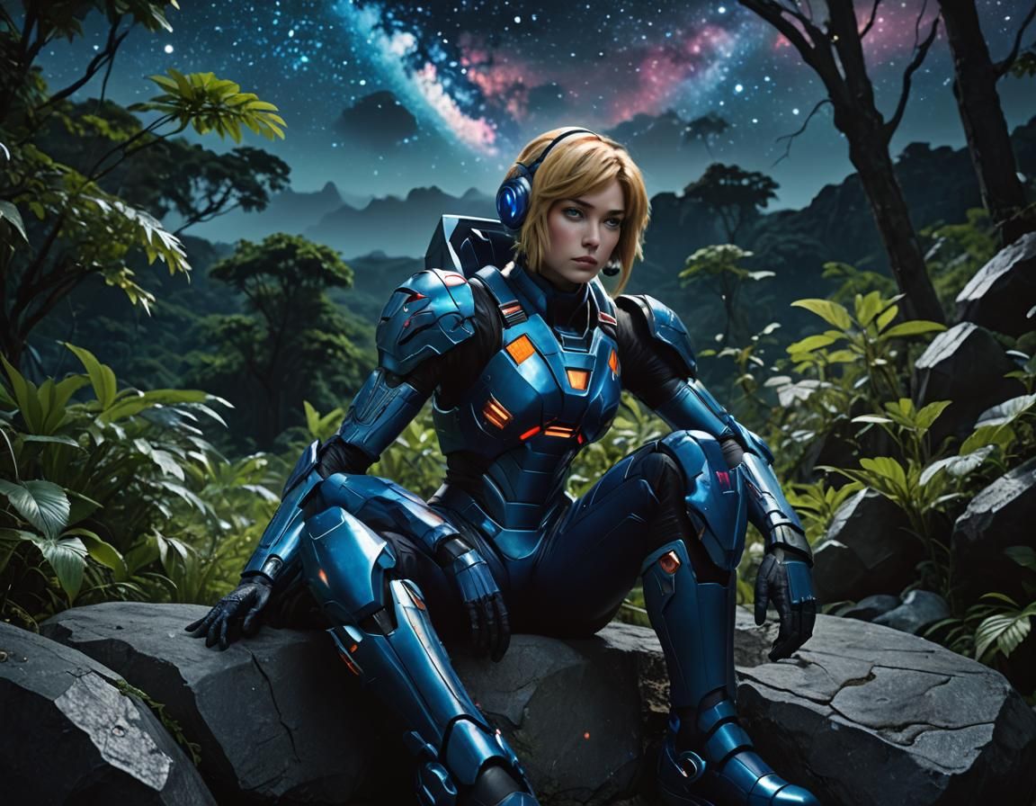 (Single beautiful very slim girl in very tight, blue, vinyl, partially torn, Samus Aran style spacesuit), sits sadly on a stone in alien, si...