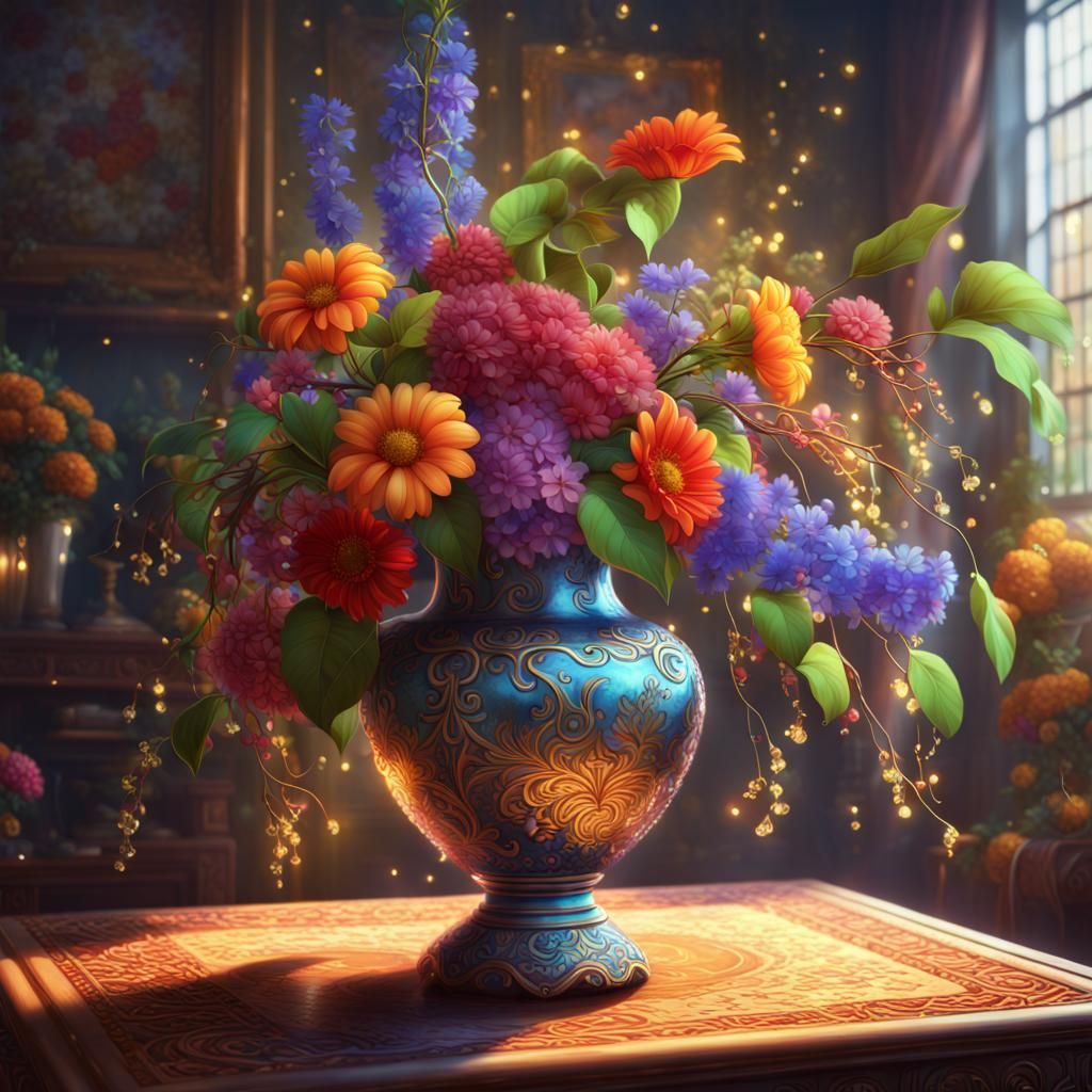 A still life painting of A beautiful vase made of vine, with lots of shiny perfect glistening flowers, ...  by @Sergio Ortiz