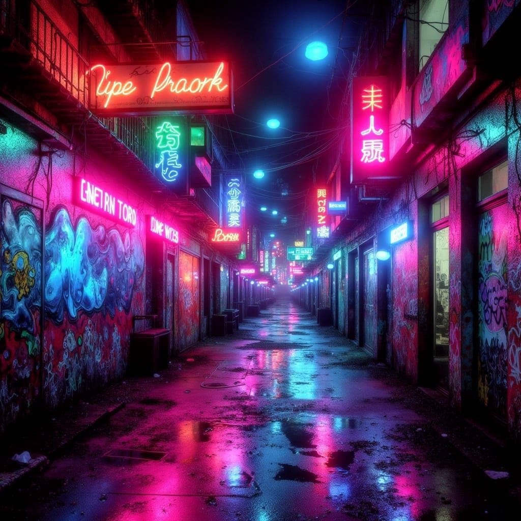 <lora:HRH-neon-grunge:1.0> An abandoned neon-lit district where distorted graffiti merges with glowing advertisements, creating a chaotic fu...